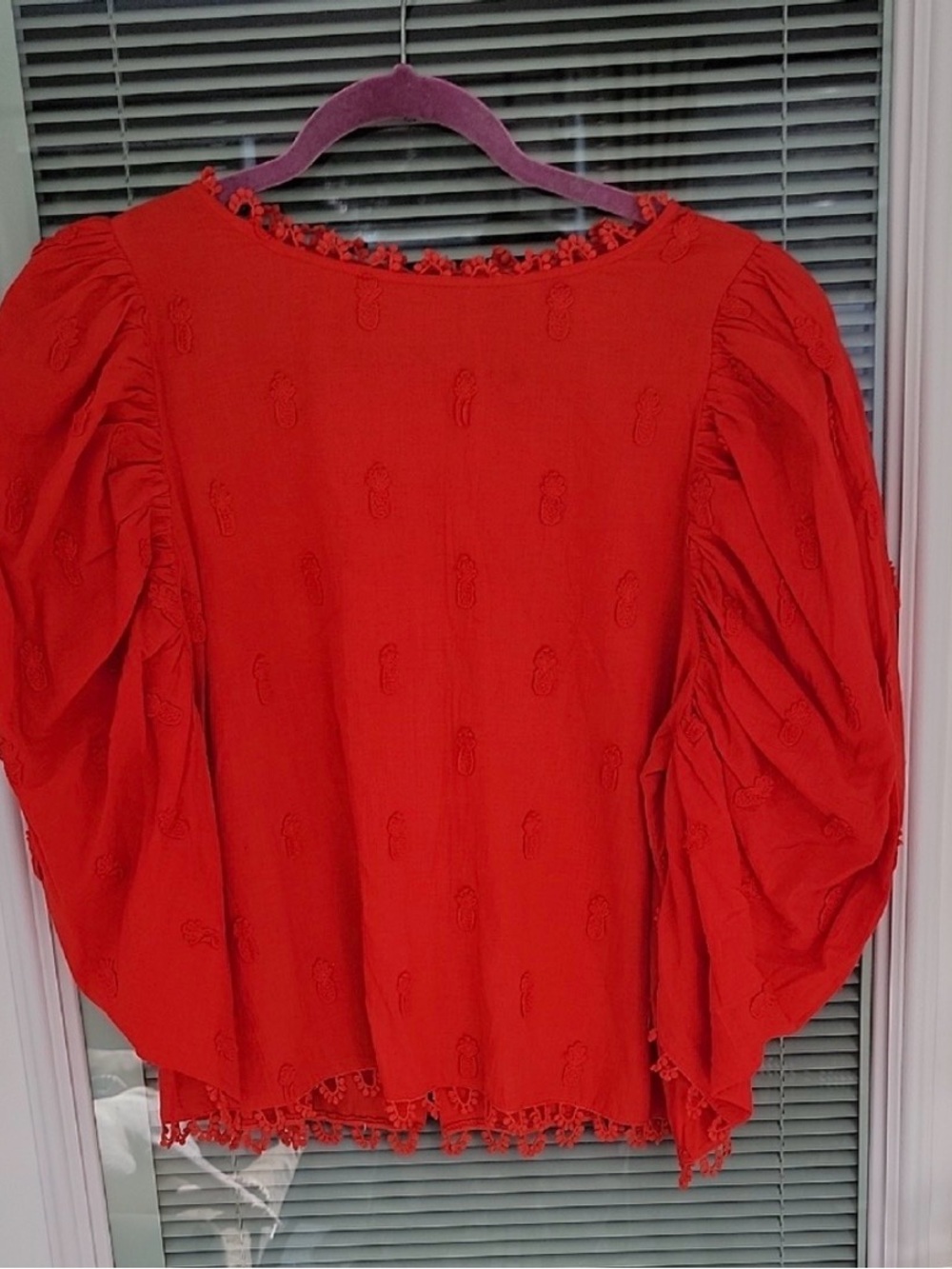 Farm Rio Red 3D Pineapple Blouse Sz L Buttons Down The Back